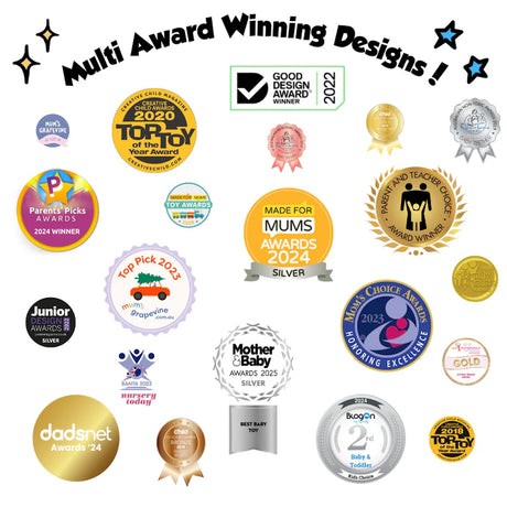 Graphic titled "Multi Award Winning Designs!" showcasing various parenting, toy, and design award badges.