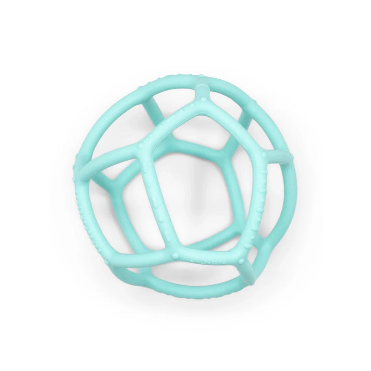 Soft mint green silicone cage sensory ball toy on a plain white background.