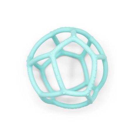 Soft mint green silicone cage sensory ball toy on a plain white background.