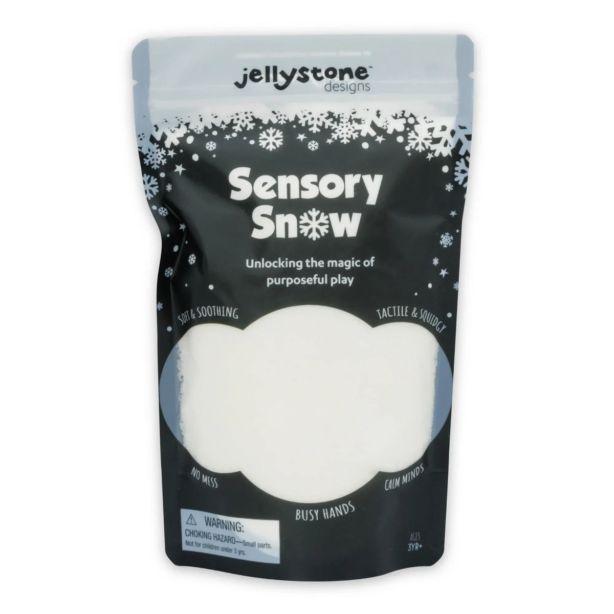 Black pouch of Jellystone Designs Sensory Snow with snowflake details and a clear window showing white snow.