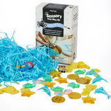 Jellystone Designs Under the Sea Sensory Kit with ocean trinkets, coins, blue shred, and box packaging.