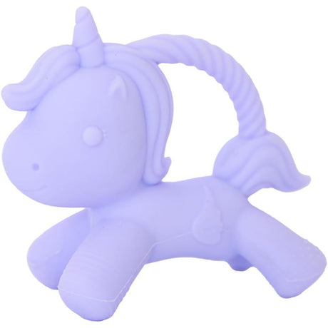 Jellystone Designs lilac silicone unicorn teether with a curved ring handle.