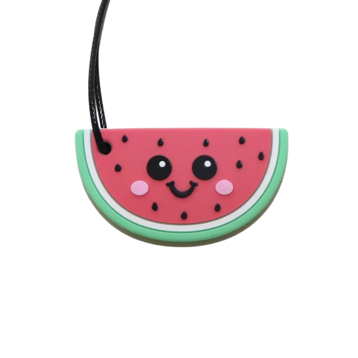 Jellystone Designs watermelon slice pendant with a cute smiling face on a black cord.