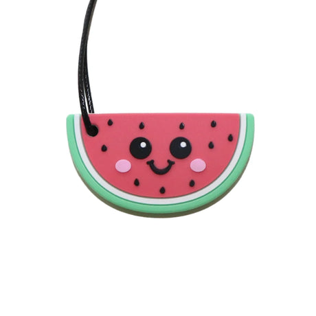 Jellystone Designs watermelon slice pendant with a cute smiling face on a black cord.