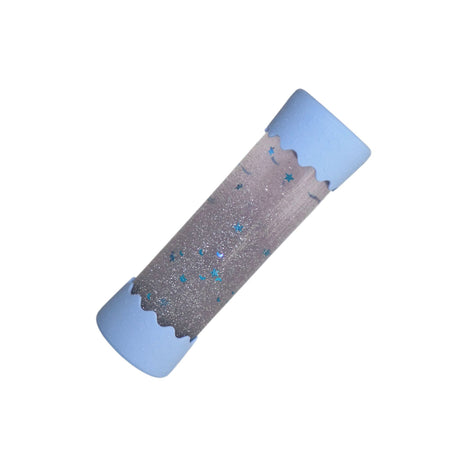A sensory calm-down bottle with shimmering silver glitter and holographic sparkles, featuring soft pastel blue silicone ends.