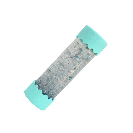 A Jellystone sensory bottle with floating glitter and star-shaped confetti, tilted slightly to showcase the calming liquid inside, with mint-green silicone caps.