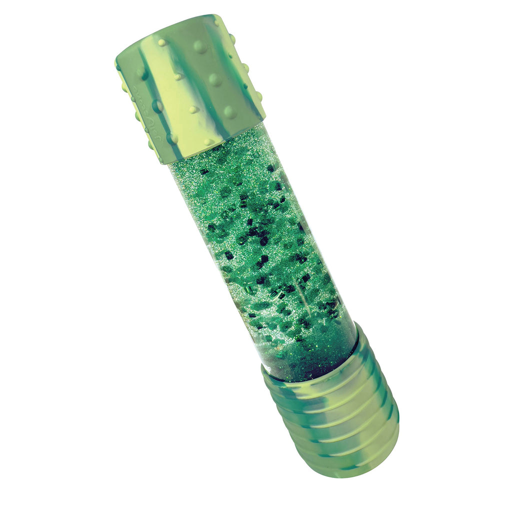Green glitter-filled sensory calm down bottle with marbled silicone caps.