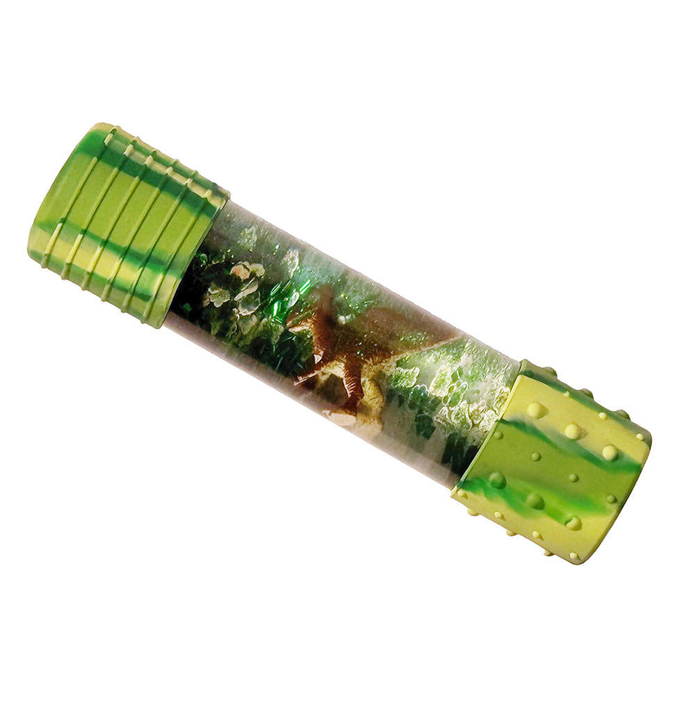 Dinosaur-themed sensory calm down bottle with green marbled silicone caps and tiny dinosaur figurines inside.