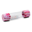 A close-up of the Jellystone Designs Candy Land DIY Calm Down Bottle, featuring a clear tube with pink marbled silicone ends and tiny floating sensory elements.