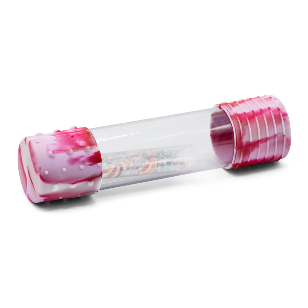 A close-up of the Jellystone Designs Candy Land DIY Calm Down Bottle, featuring a clear tube with pink marbled silicone ends and tiny floating sensory elements.