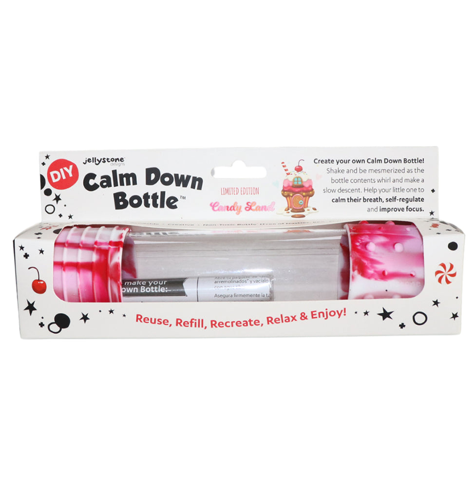  Packaged Jellystone Designs DIY Calm Down Bottle in the Candy Land edition, displayed in a white box with red accents and playful candy illustrations.
