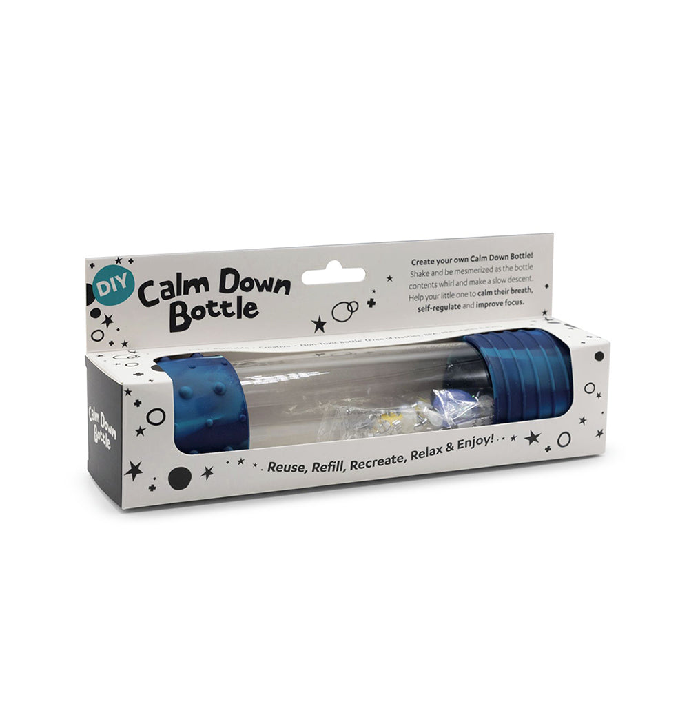 Jellystone DIY Calm Down Bottle Galaxy edition in packaging, featuring a clear tube with blue silicone caps and a mesmerising sensory filling