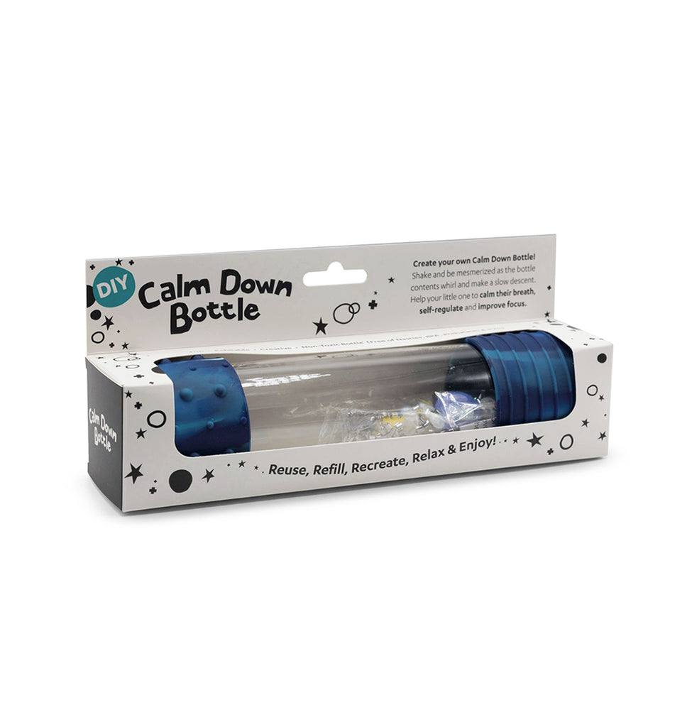 Jellystone DIY Calm Down Bottle Galaxy edition in packaging, featuring a clear tube with blue silicone caps and a mesmerising sensory filling