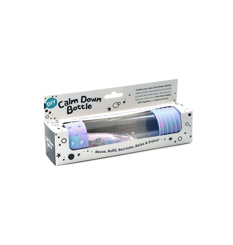 Packaged Jellystone DIY Calm Down Bottle in unicorn colours, featuring pastel swirls and soft silicone ends.