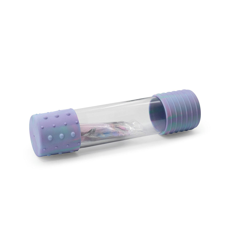 Unpackaged Jellystone DIY Calm Down Bottle in unicorn colours, with a clear tube and pastel silicone end caps.