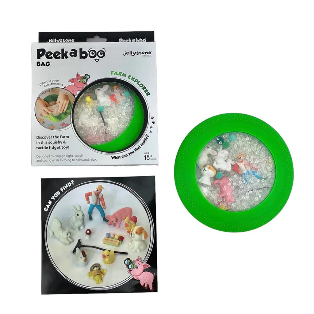 A product display showing the green peekaboo bag alongside its packaging and a flat-lay image of the toys inside.