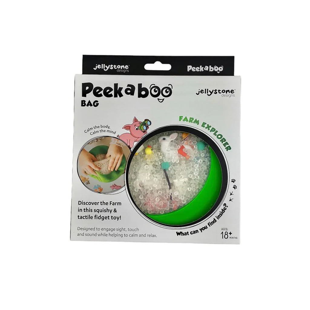 The packaging of the Jellystone Farm Explorer Peekaboo Bag, featuring a clear window showing the sensory beads and tiny toys inside.