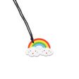 A colourful rainbow and cloud-shaped silicone pendant on a black cord, designed for sensory and teething relief.