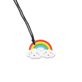 A colourful rainbow and cloud-shaped silicone pendant on a black cord, designed for sensory and teething relief.
