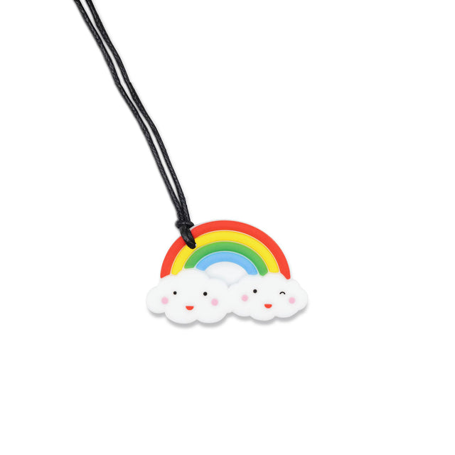 A colourful rainbow and cloud-shaped silicone pendant on a black cord, designed for sensory and teething relief.