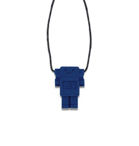 Navy blue silicone robot pendant necklace by Jellystone Designs on a black cord