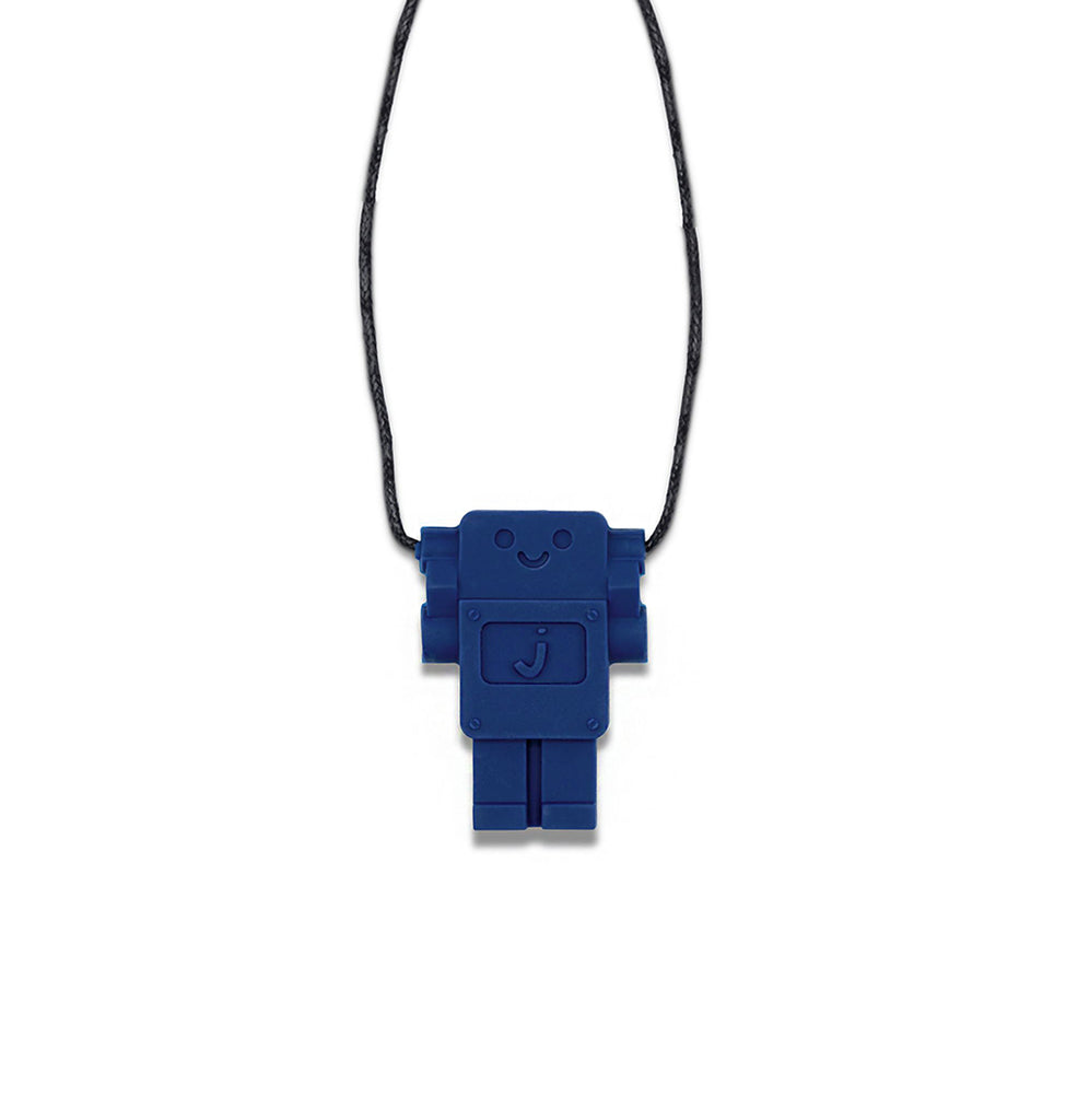 Navy blue silicone robot pendant necklace by Jellystone Designs on a black cord