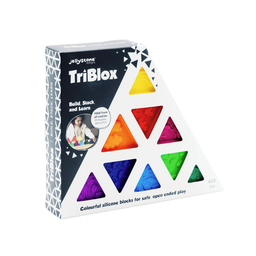 The packaged version of Jellystone TriBlox, with colourful triangle pieces visible through the window.