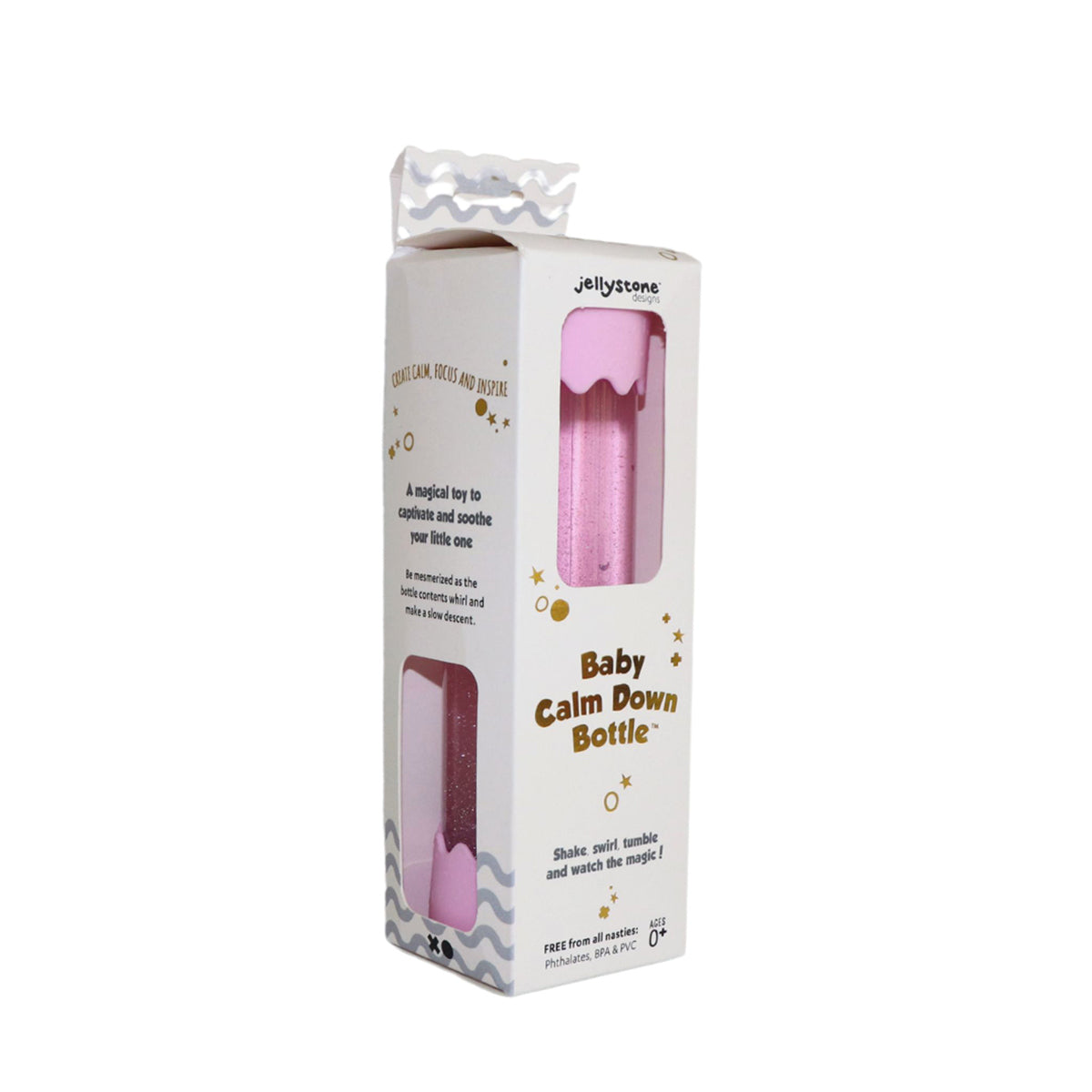 A boxed Jellystone Baby Calm Down Bottle in bubblegum pink, with packaging highlighting its soothing and mesmerising sensory experience.