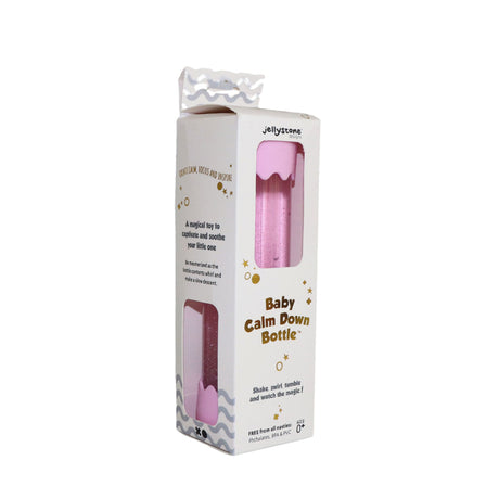A boxed Jellystone Baby Calm Down Bottle in bubblegum pink, with packaging highlighting its soothing and mesmerising sensory experience.