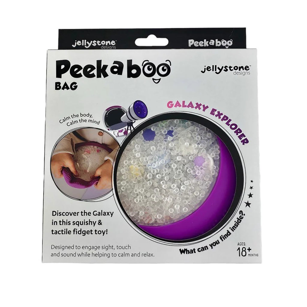 The Jellystone Peekaboo Bag Galaxy Explorer in packaging, highlighting its sensory benefits for children aged 18 months and up.