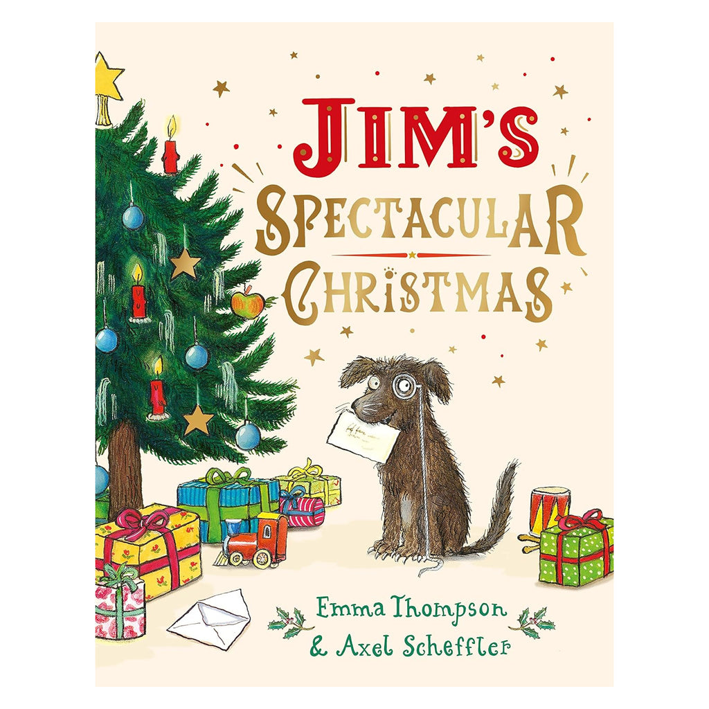 Cover of "Jim's Spectacular Christmas" shows a festive tree with ornaments and gifts. A dog holds a letter, looking excited. Warm and joyful tone.