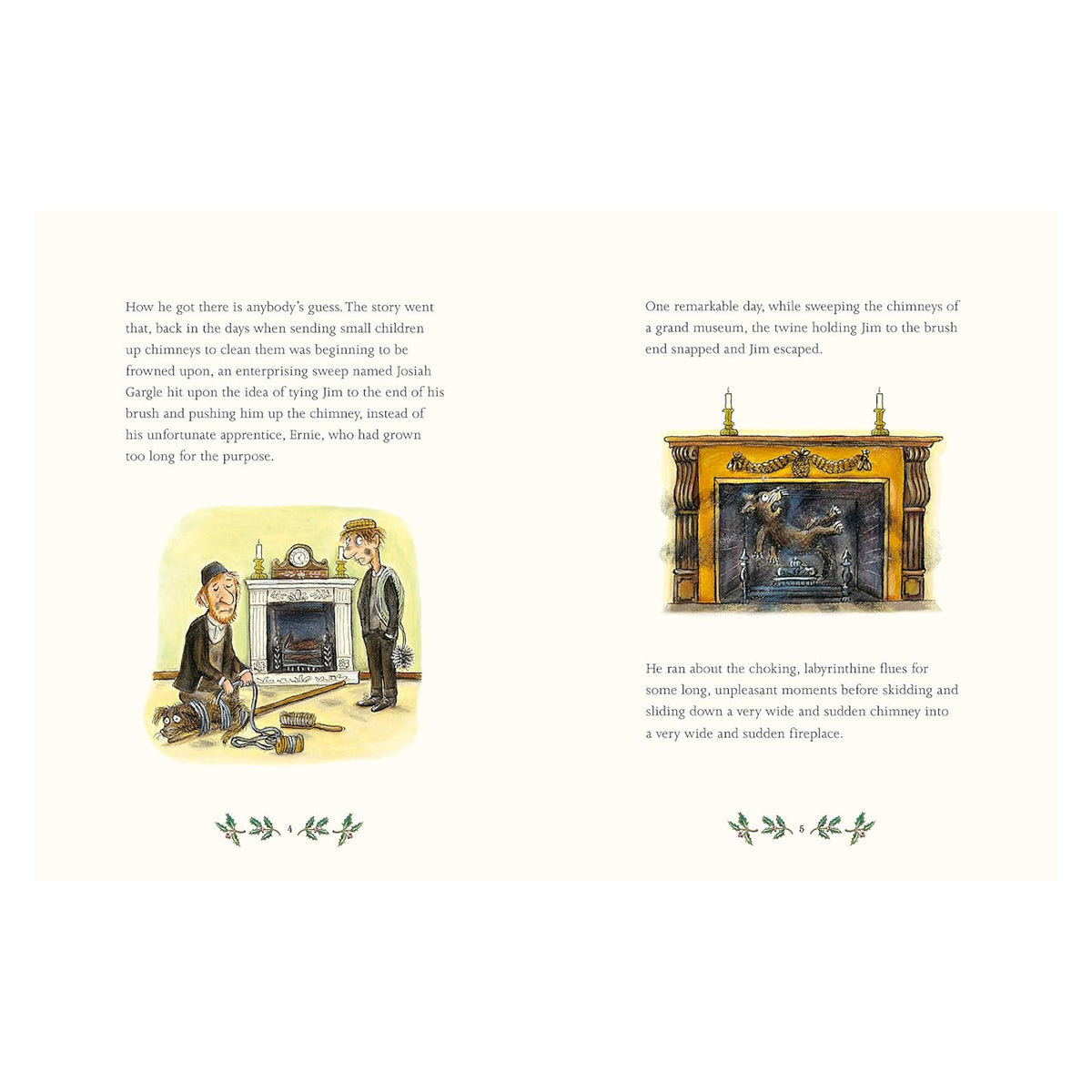 Illustrated book page showing a man and boy by a fireplace, and an ornate hearth. Text narrates a chimney sweep story. Tone is whimsical, old-fashioned.