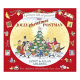 Cover of "The Jolly Christmas Postman" by Janet & Allan Ahlberg. Festive animals and people gather around a Christmas tree with gifts. Bright, joyful scene.