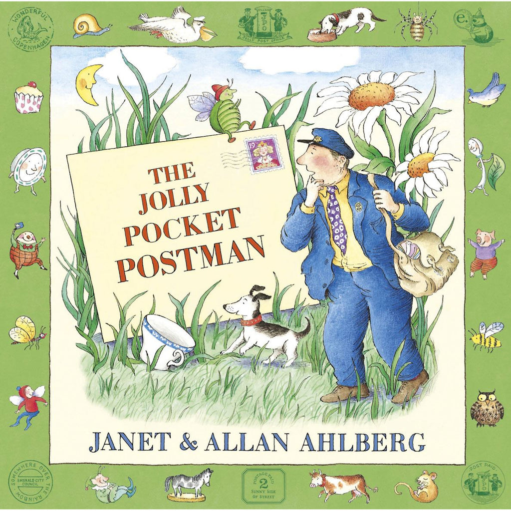 Cover of "The Jolly Pocket Postman" features a cheerful mailman with a sack, walking with a dog among oversized flowers, framed by whimsical illustrations.