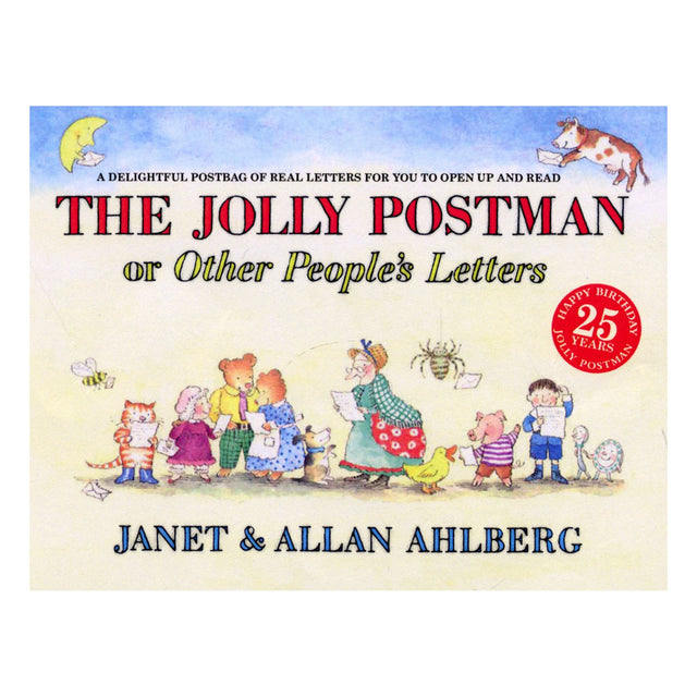 Book cover for The Jolly Postman by Janet and Allan Ahlberg, featuring illustrated fairytale characters reading letters.