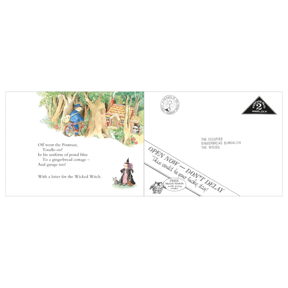 Illustration from The Jolly Postman book showing the postman on a bike and a letter addressed to the Wicked Witch.