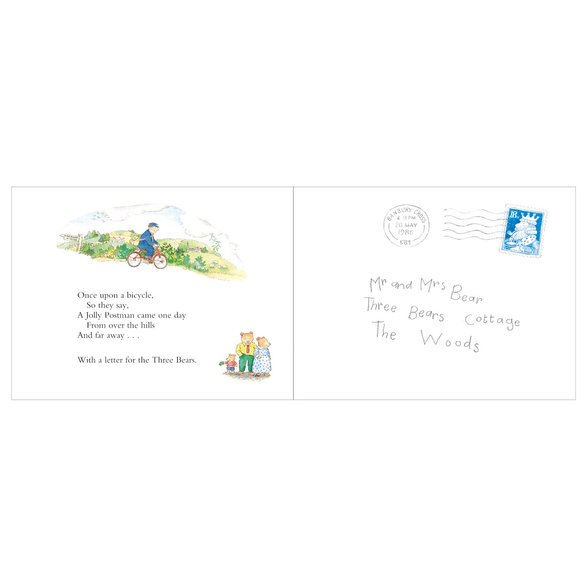 Illustration from The Jolly Postman showing a mailman on a bicycle and a letter addressed to the Three Bears.