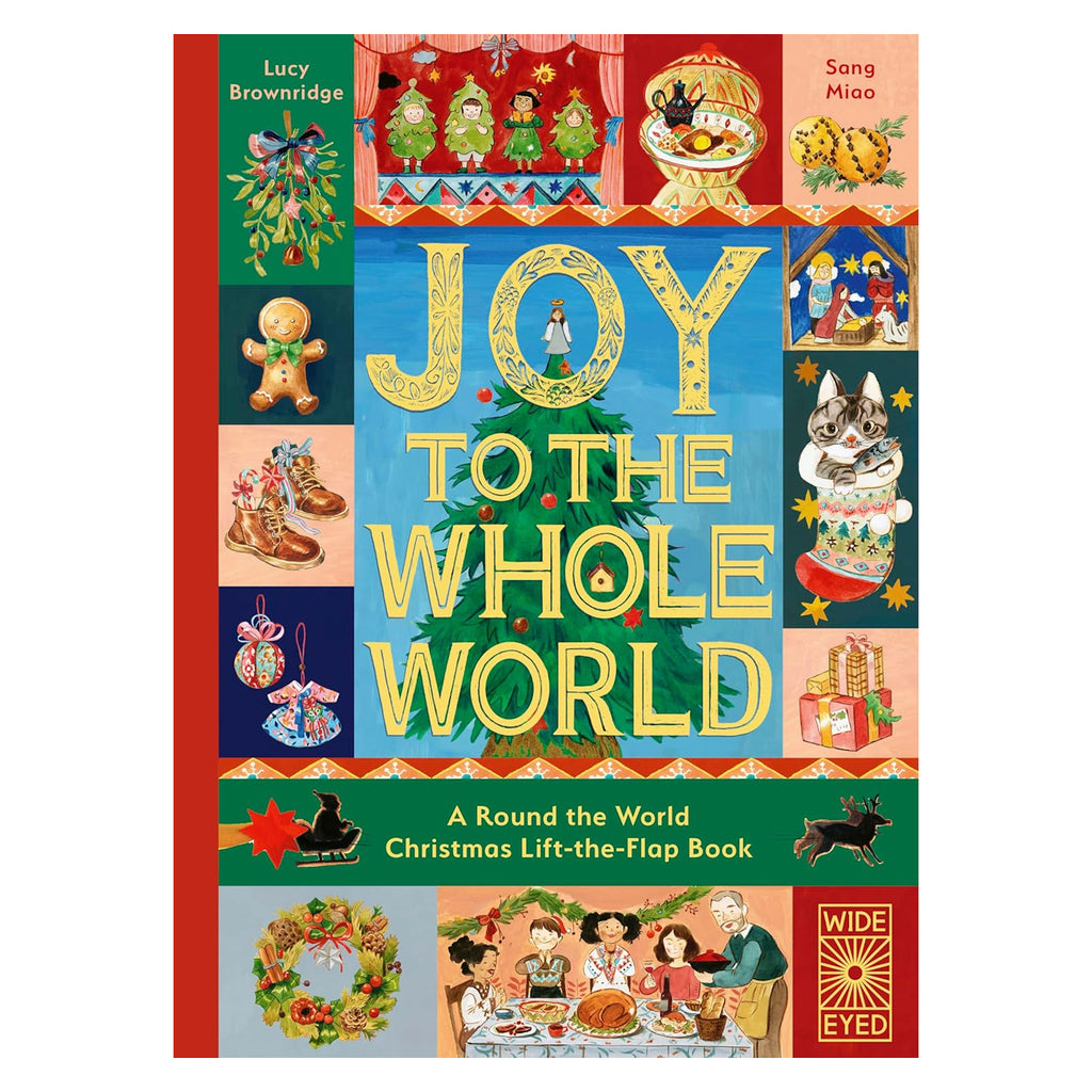 Colorful book cover titled "Joy to the Whole World" features Christmas-themed art, including a tree, ornaments, and festive characters. Warm, joyful tone.