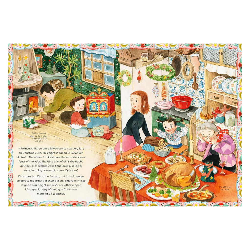 Illustration of a family in a cozy kitchen celebrating Christmas Eve in France. A table is set with festive food, including a buche de Noel cake. Children play near a stove and a woman joyfully prepares dishes, capturing a warm, celebratory atmosphere.