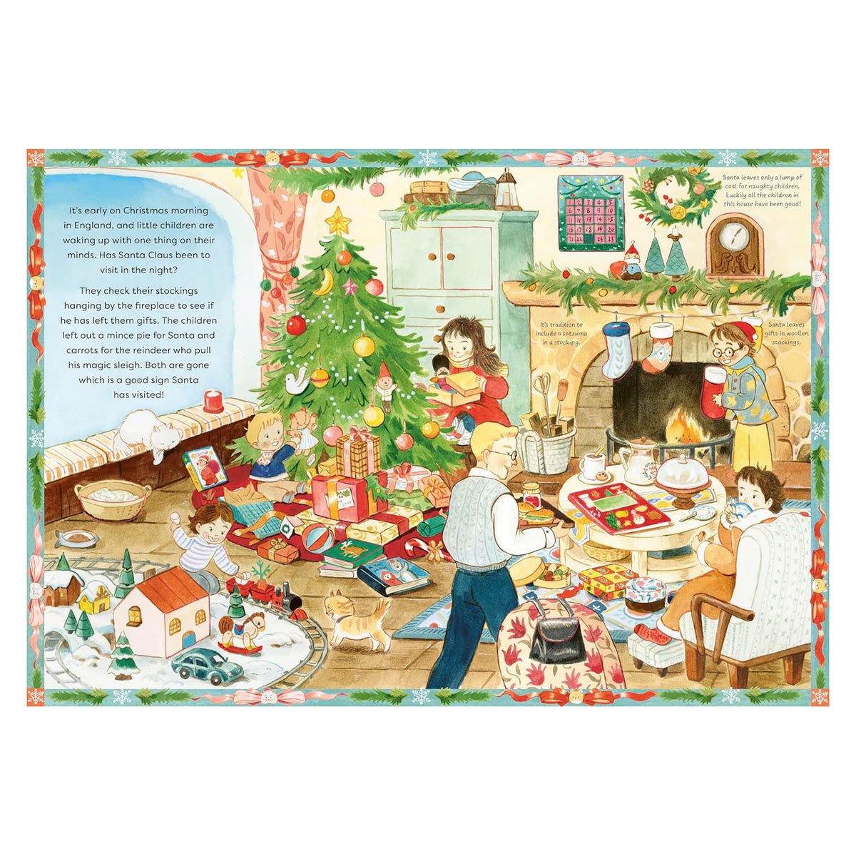 Children opening Christmas gifts in an English living room with a decorated tree, fireplace, and festive stockings.