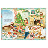 Children opening Christmas gifts in an English living room with a decorated tree, fireplace, and festive stockings.