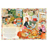 Illustration of a French family enjoying Le Réveillon Christmas dinner with a Yule log cake and festive holiday decor.