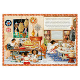 Children celebrating Gena (Ethiopian Christmas) with a traditional feast, white clothing, and gifts in a vibrant home.