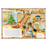 Children's book illustration of a family celebrating Christmas in the USA with a tree, gifts, and holiday traditions.