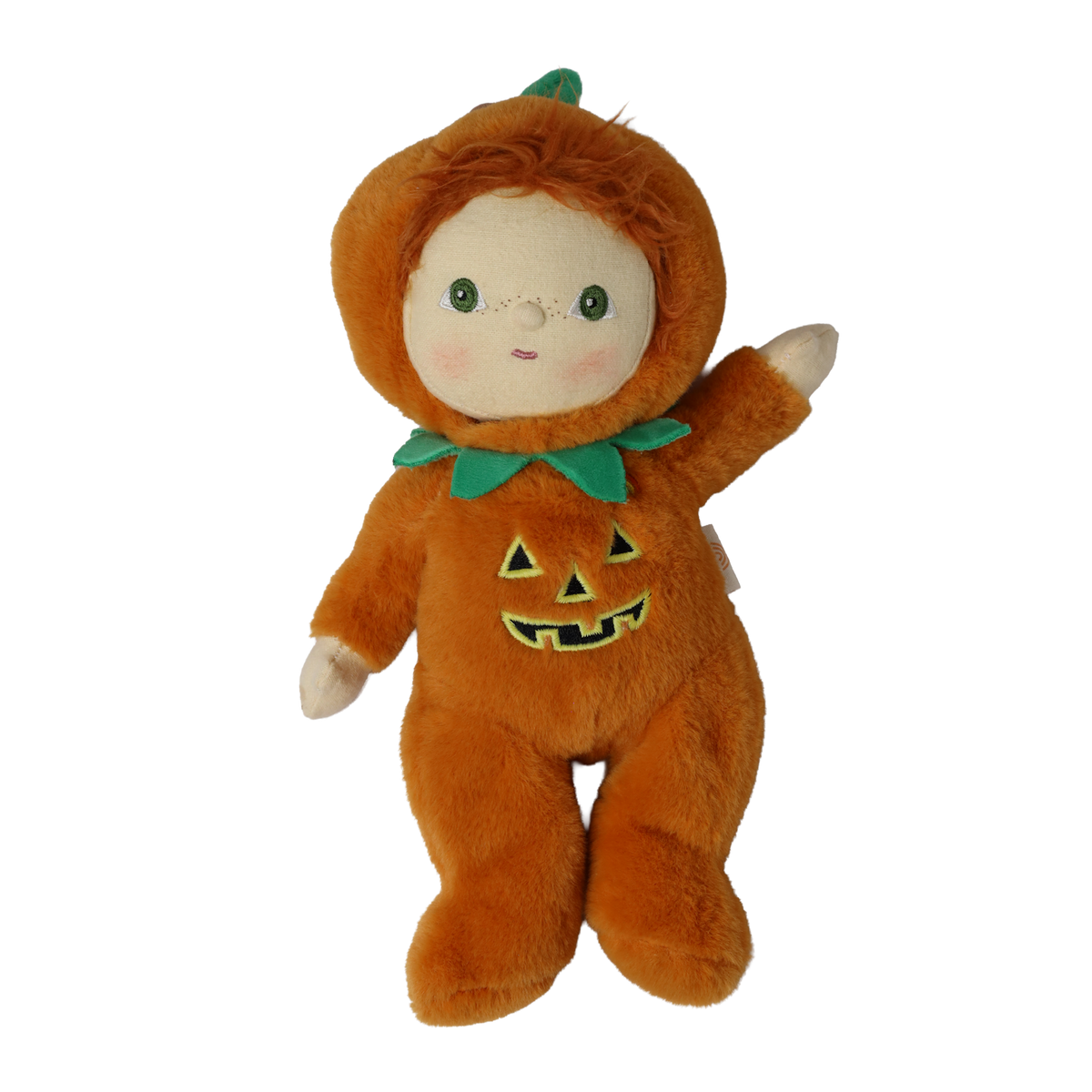 Plush doll in an orange jack-o'-lantern suit raising its left hand with a green leafy collar.