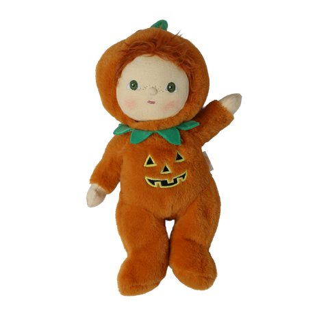 Plush doll in an orange jack-o'-lantern suit raising its left hand with a green leafy collar.