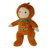 Plush doll in an orange jack-o'-lantern suit posed in a three-quarter view facing left.