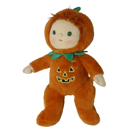 Plush doll in an orange jack-o'-lantern suit posed in a three-quarter view facing left.