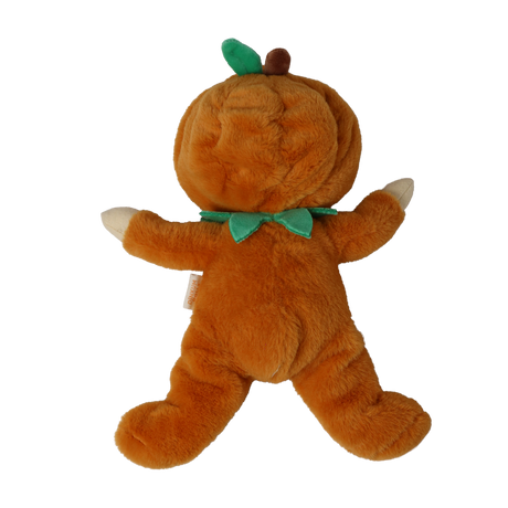 Back view of a plush doll in an orange pumpkin suit with a green leaf and stem on its hood.