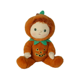 Plush doll in an orange jack-o'-lantern suit sitting upright on a white background.